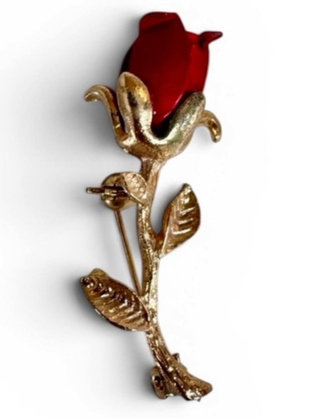 Vintage Red Rose Brooch Gold Tone Long Stem Floral Pin Romantic Jewelry - Picture 1 of 4